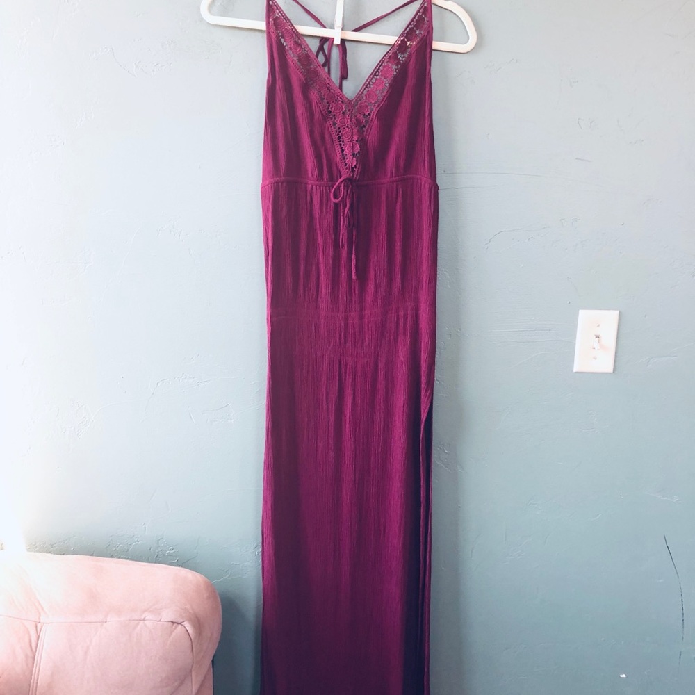 Burgundy, backless halter maxi dress